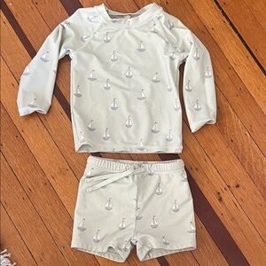 Quincy Mae Light Sage Kids Rashguard Swim Set with Tiny Sailboats